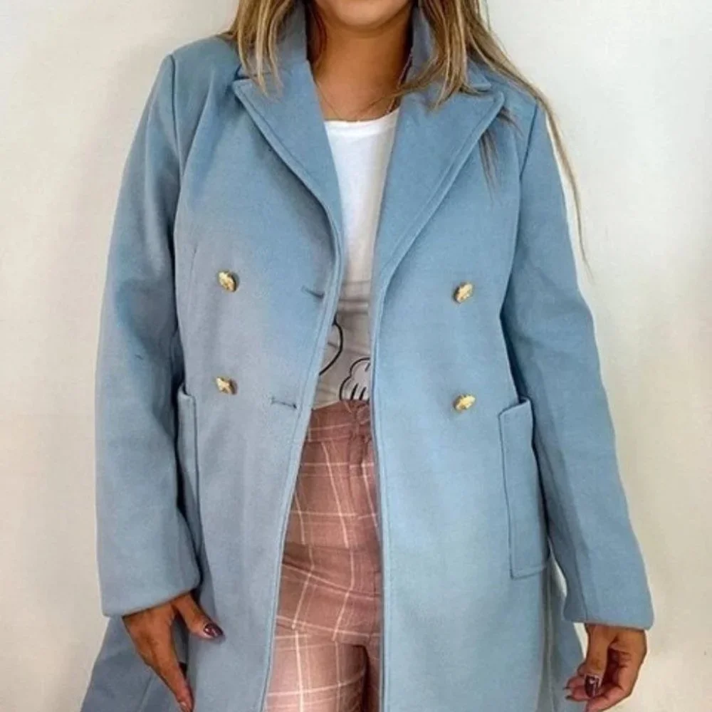 Double Breasted Lapel Collar Button Up pocketed Overcoat Blue - Picture 6 of 8